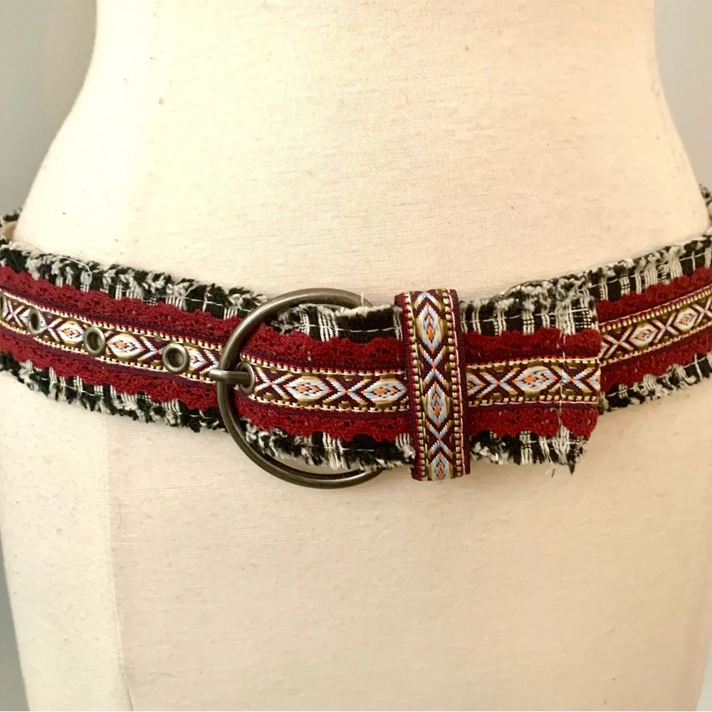 90s Aztec tribal print woven cloth fringe belt Bohemian Boho